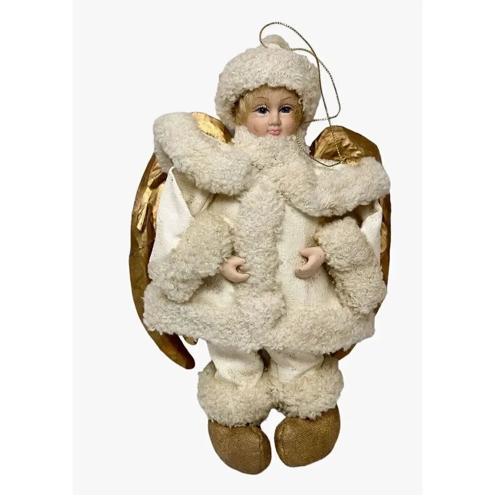 Vintage Large Porcelain Blonde Hair Angel Doll Ornament White Cream Gold